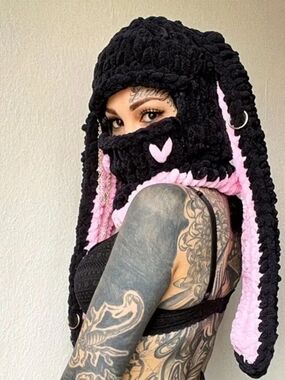 Chunky Black & Pink Knitted Bunny Hood